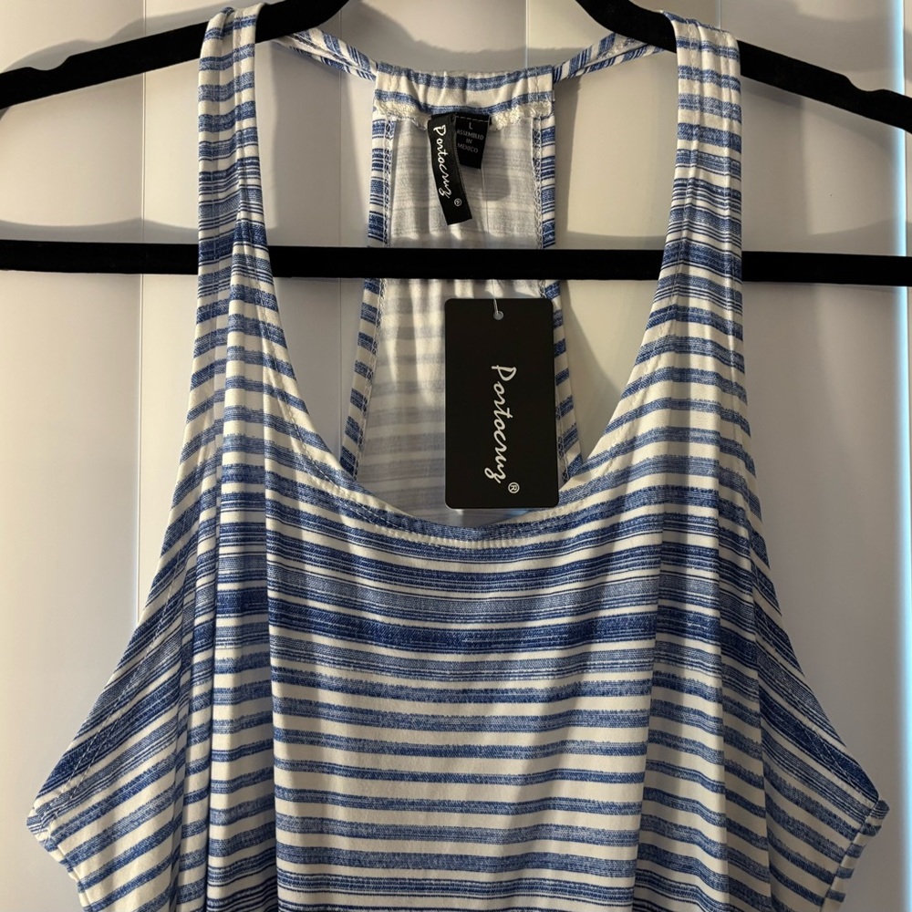 Portocruz Swimsuit Cover Up Striped Blue and White T-Back Tank Dress Size Large - Picture 2 of 12